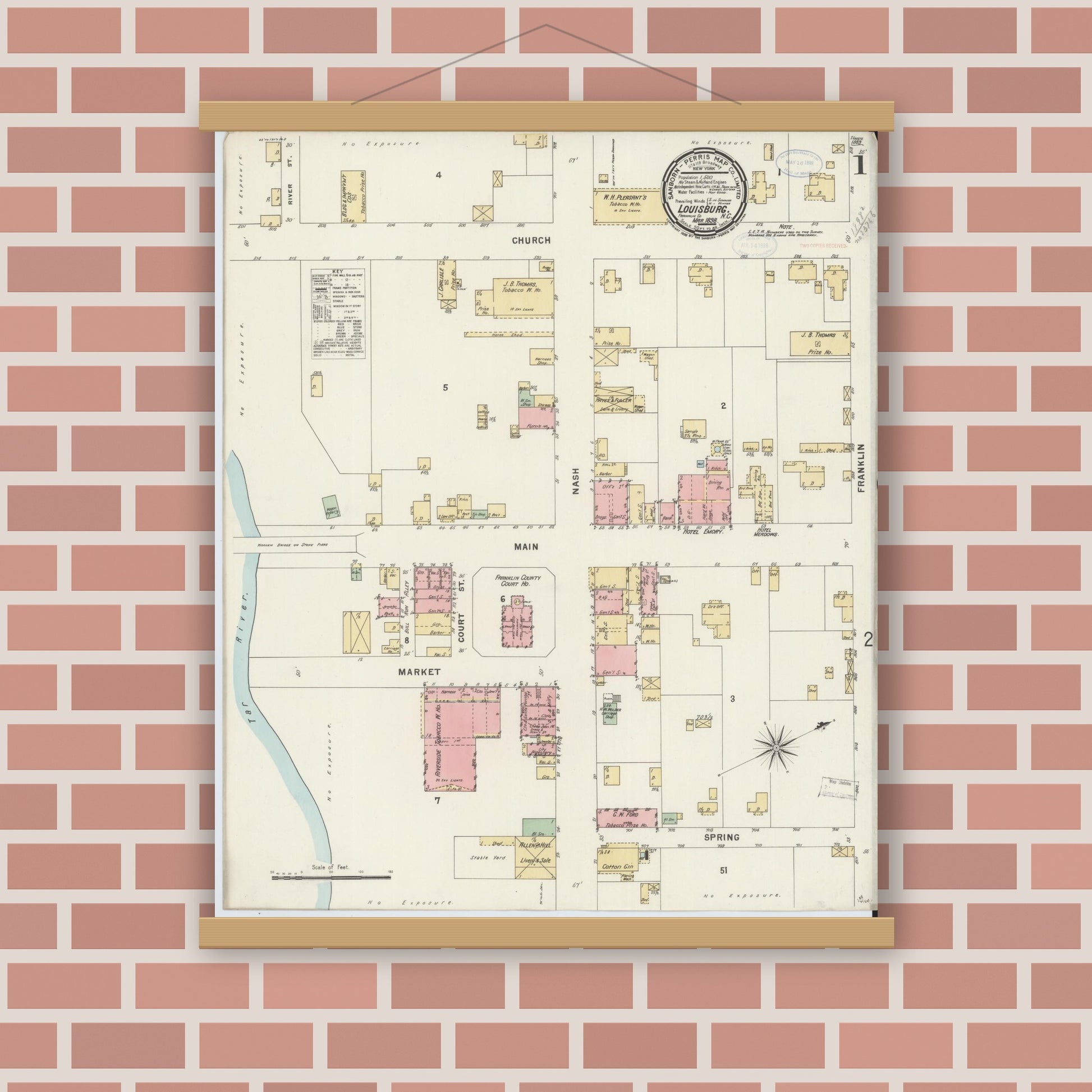 Old map wall art mockup — magnetic wood frame on brick wall — Sanborn Fire Insurance Map from Louisburg, Franklin County, North Carolina (1898) - Complete Map Set