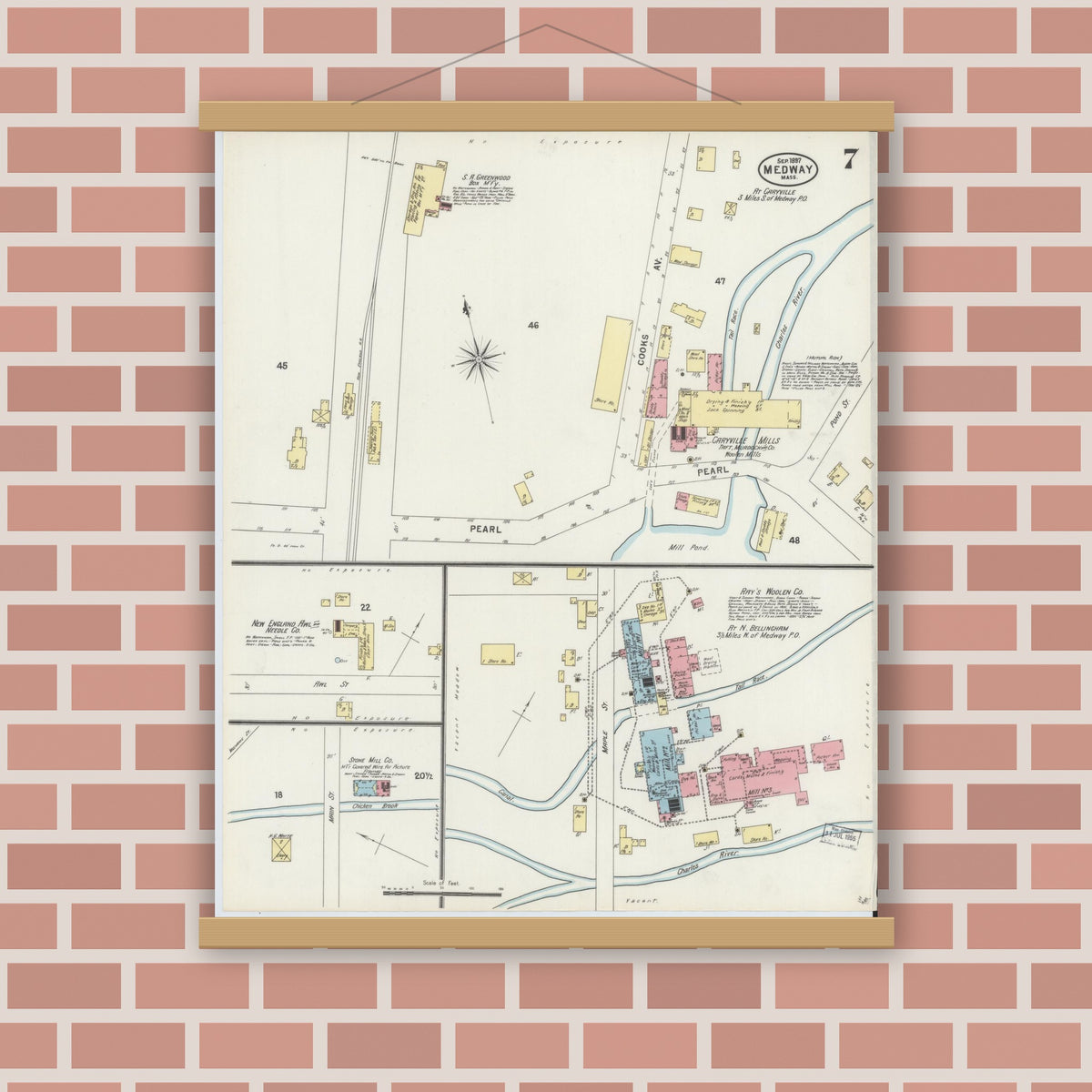 Old map wall art mockup — magnetic wood frame on brick wall — Sanborn Fire Insurance Map from Medway, Norfolk County, Massachusetts (1897), Sheet #0007