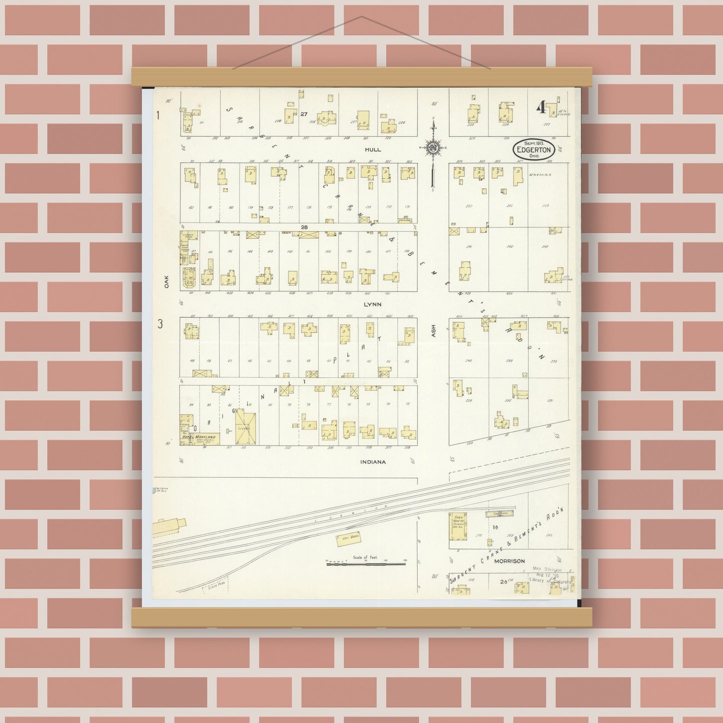 Old map wall art mockup — magnetic wood frame on brick wall — Sanborn Fire Insurance Map from Edgerton, Williams County, Ohio (1913), Sheet #0004