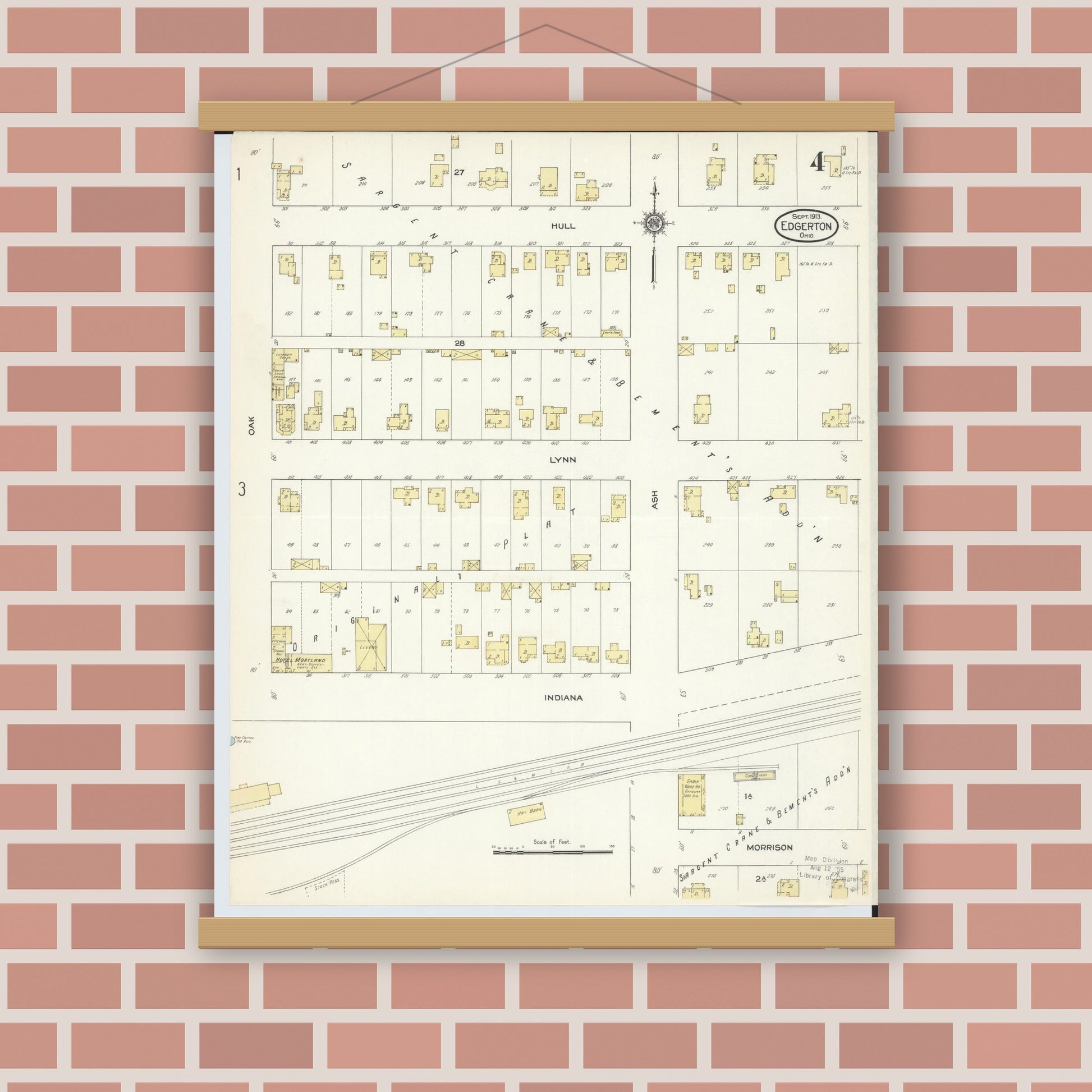 Old map wall art mockup — magnetic wood frame on brick wall — Sanborn Fire Insurance Map from Edgerton, Williams County, Ohio (1913), Sheet #0004