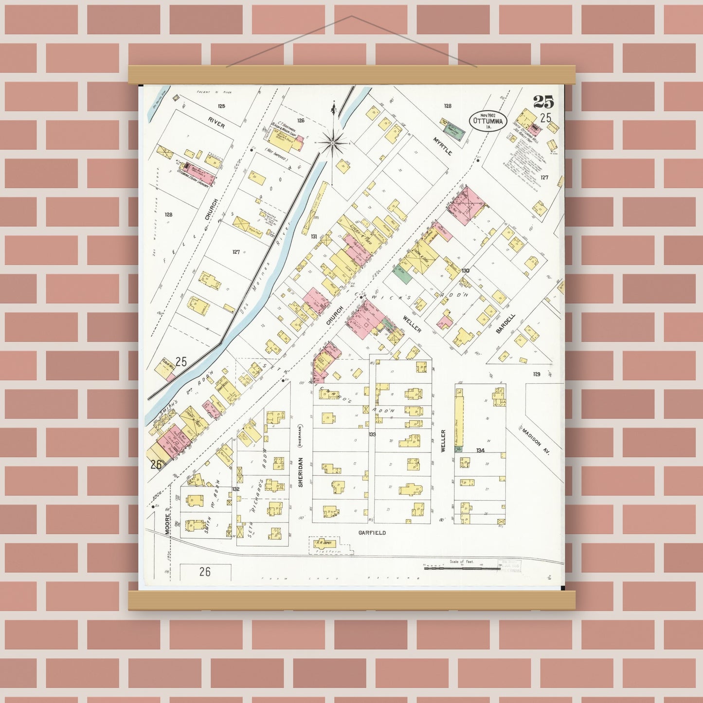 Old map wall art mockup — magnetic wood frame on brick wall — Sanborn Fire Insurance Map from Ottumwa, Wapello County, Iowa (1902), Sheet #0025