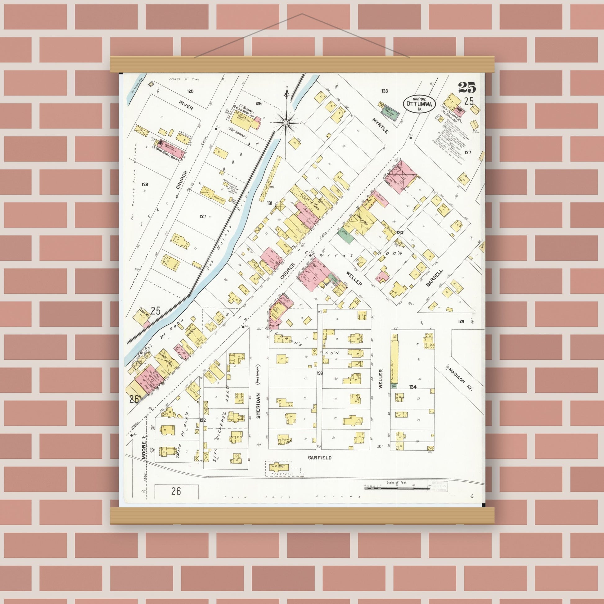 Old map wall art mockup — magnetic wood frame on brick wall — Sanborn Fire Insurance Map from Ottumwa, Wapello County, Iowa (1902), Sheet #0025
