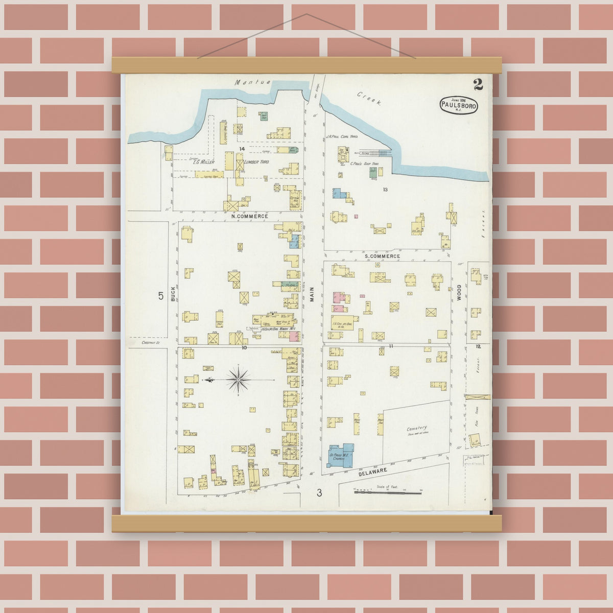Old map wall art mockup — magnetic wood frame on brick wall — Sanborn Fire Insurance Map from Paulsboro, Gloucester County, New Jersey (1896), Sheet #0002