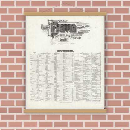 Old map wall art mockup — magnetic wood frame on brick wall — Sanborn Fire Insurance Map from Easton, Northampton County, Pennsylvania (1911), Sheet #0001