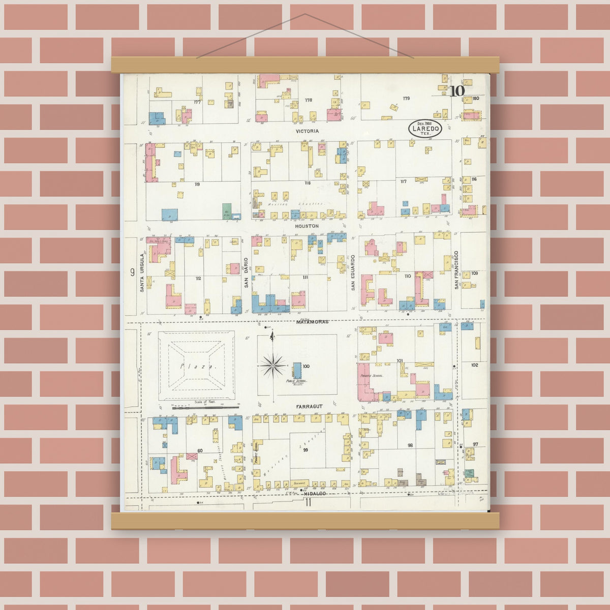 Old map wall art mockup — magnetic wood frame on brick wall — Sanborn Fire Insurance Map from Laredo, Webb County, Texas (1905), Sheet #0010