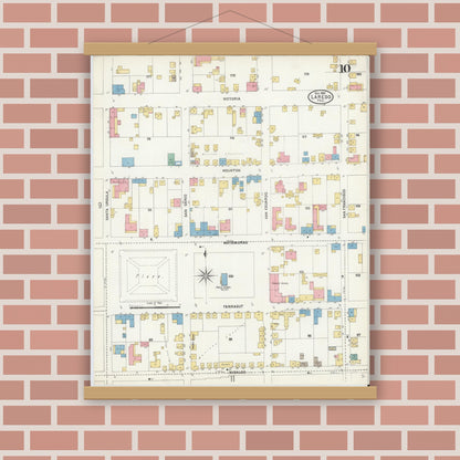 Old map wall art mockup — magnetic wood frame on brick wall — Sanborn Fire Insurance Map from Laredo, Webb County, Texas (1905), Sheet #0010