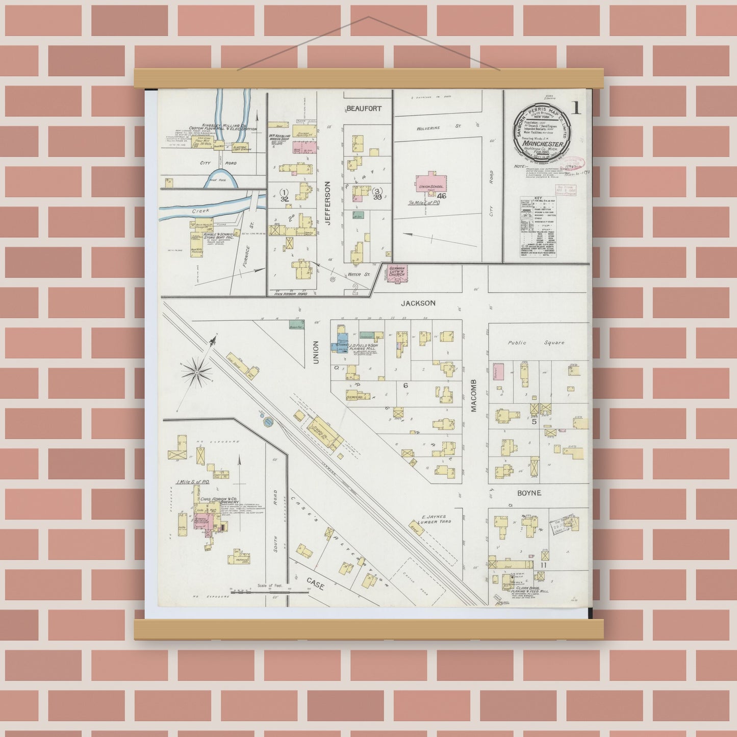 Old map wall art mockup — magnetic wood frame on brick wall — Sanborn Fire Insurance Map from Manchester, Washtenaw County, Michigan (1893), Sheet #0001