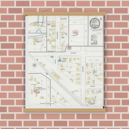Old map wall art mockup — magnetic wood frame on brick wall — Sanborn Fire Insurance Map from Manchester, Washtenaw County, Michigan (1893), Sheet #0001