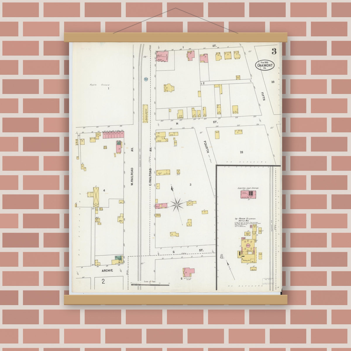 Old map wall art mockup — magnetic wood frame on brick wall — Sanborn Fire Insurance Map from Oakmont, Allegheny County, Pennsylvania (1900), Sheet #0003