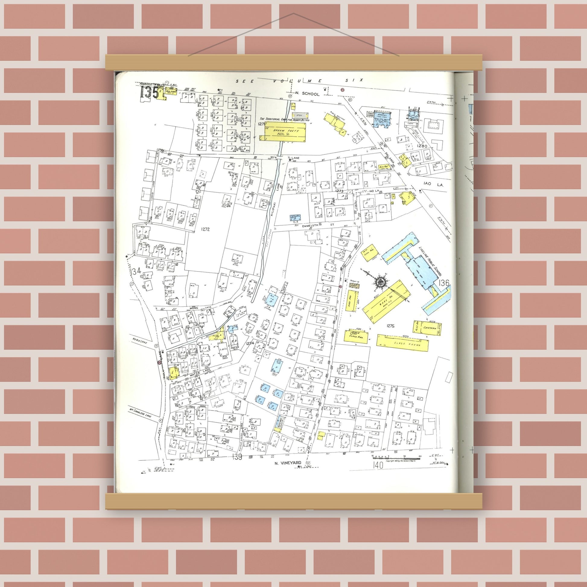 Old map wall art mockup — magnetic wood frame on brick wall — Sanborn Fire Insurance Map from Honolulu, Oahu County, Hawaii (1955), Sheet #0135