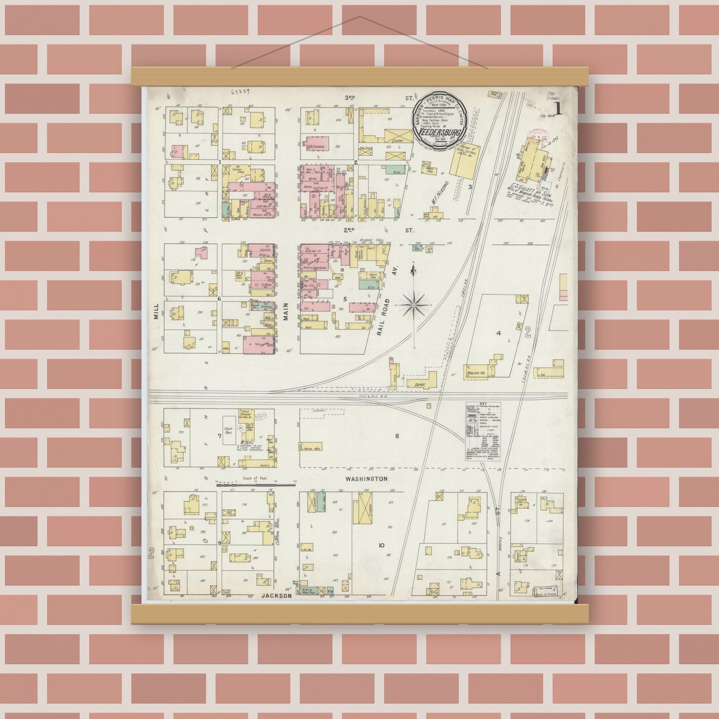 Old map wall art mockup — magnetic wood frame on brick wall — Sanborn Fire Insurance Map from Veedersburg, Fountain County, Indiana (1895) - Complete Map Set