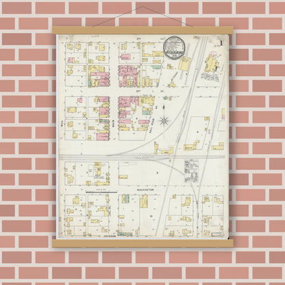 Old map wall art mockup — magnetic wood frame on brick wall — Sanborn Fire Insurance Map from Veedersburg, Fountain County, Indiana (1895) - Complete Map Set