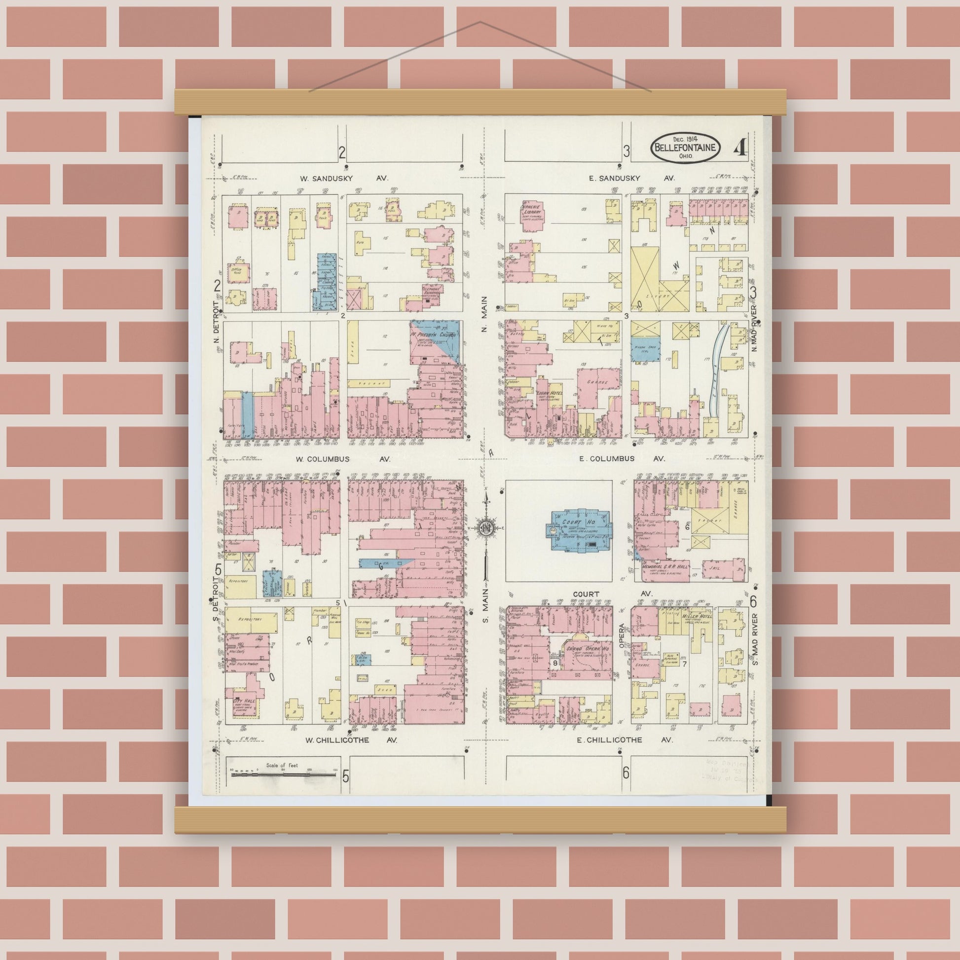 Old map wall art mockup — magnetic wood frame on brick wall — Sanborn Fire Insurance Map from Bellefontaine, Logan County, Ohio (1914), Sheet #0004