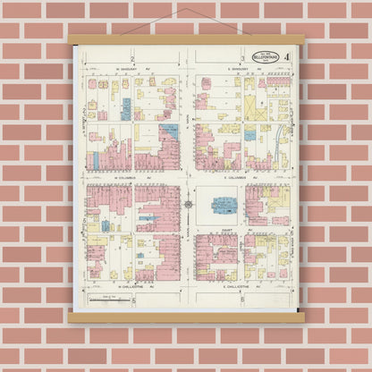 Old map wall art mockup — magnetic wood frame on brick wall — Sanborn Fire Insurance Map from Bellefontaine, Logan County, Ohio (1914), Sheet #0004