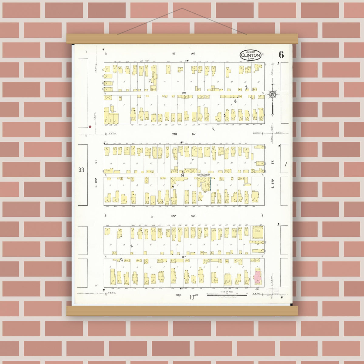 Old map wall art mockup — magnetic wood frame on brick wall — Sanborn Fire Insurance Map from Clinton, Clinton County, Iowa (1917), Sheet #0006