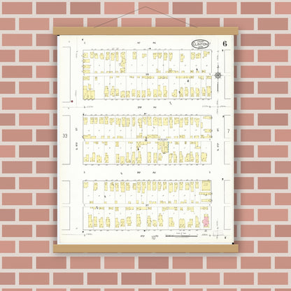 Old map wall art mockup — magnetic wood frame on brick wall — Sanborn Fire Insurance Map from Clinton, Clinton County, Iowa (1917), Sheet #0006