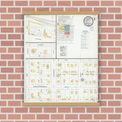 Old map wall art mockup — magnetic wood frame on brick wall — Sanborn Fire Insurance Map from Sheffield, Bureau County, Illinois (1901), Sheet #0001