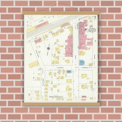 Old map wall art mockup — magnetic wood frame on brick wall — Sanborn Fire Insurance Map from High Point, Guilford County, North Carolina (1911), Sheet #0007