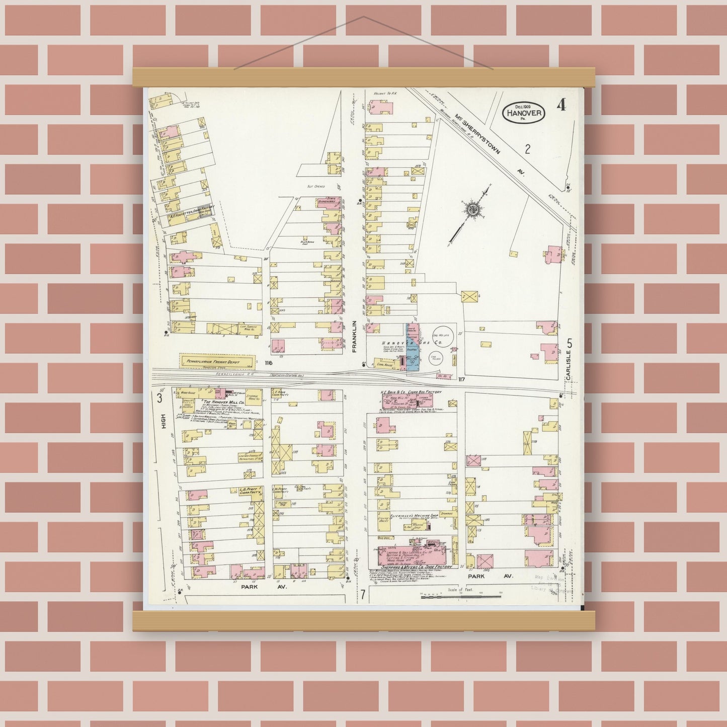 Old map wall art mockup — magnetic wood frame on brick wall — Sanborn Fire Insurance Map from Hanover, York County, Pennsylvania (1909), Sheet #0004