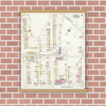 Old map wall art mockup — magnetic wood frame on brick wall — Sanborn Fire Insurance Map from Hanover, York County, Pennsylvania (1909), Sheet #0004
