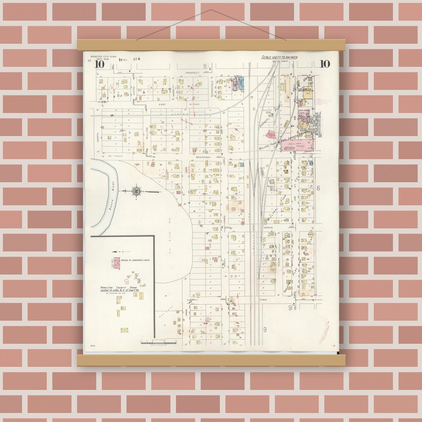 Old map wall art mockup — magnetic wood frame on brick wall — Sanborn Fire Insurance Map from Webster City, Hamilton County, Iowa (1950), Sheet #0010
