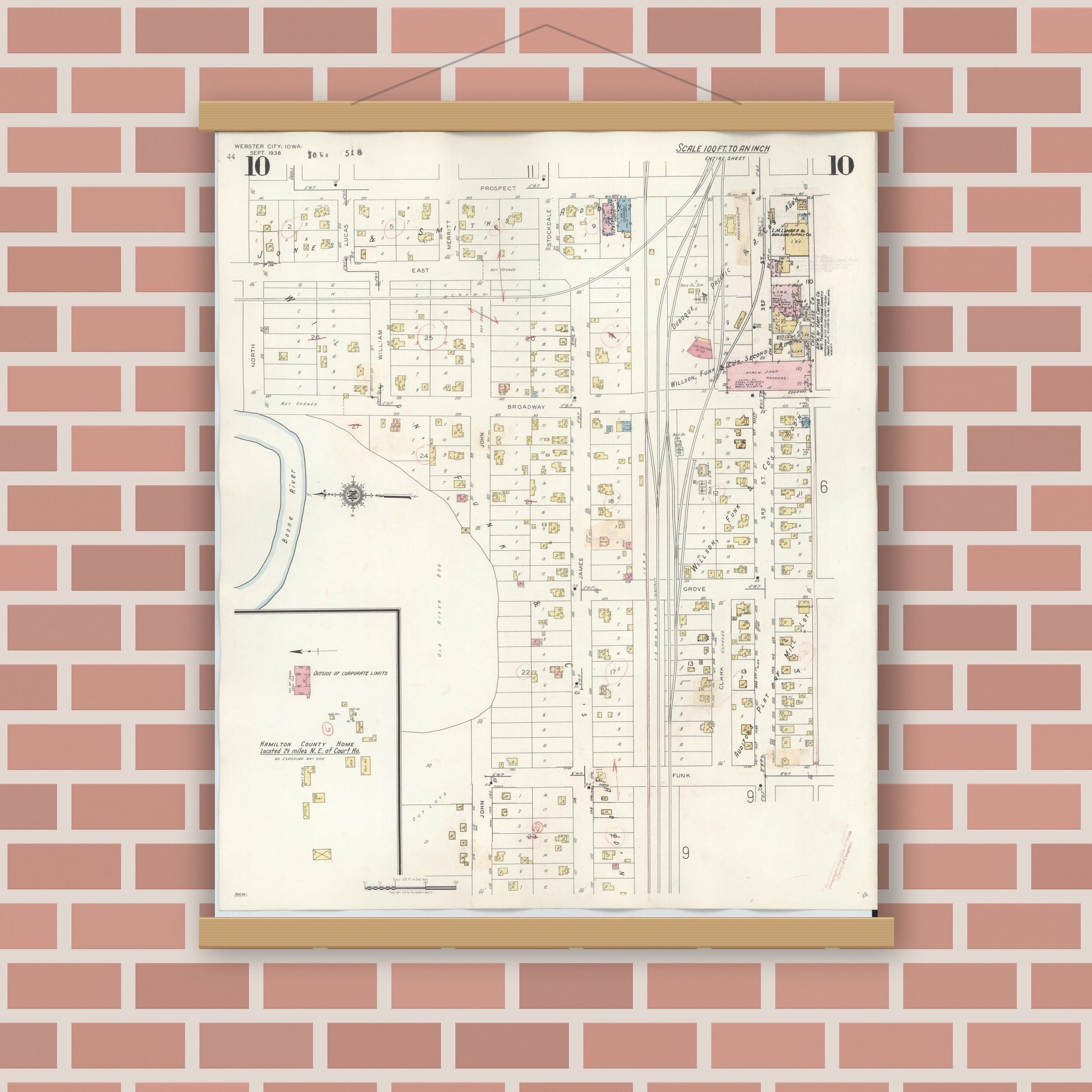 Old map wall art mockup — magnetic wood frame on brick wall — Sanborn Fire Insurance Map from Webster City, Hamilton County, Iowa (1950), Sheet #0010