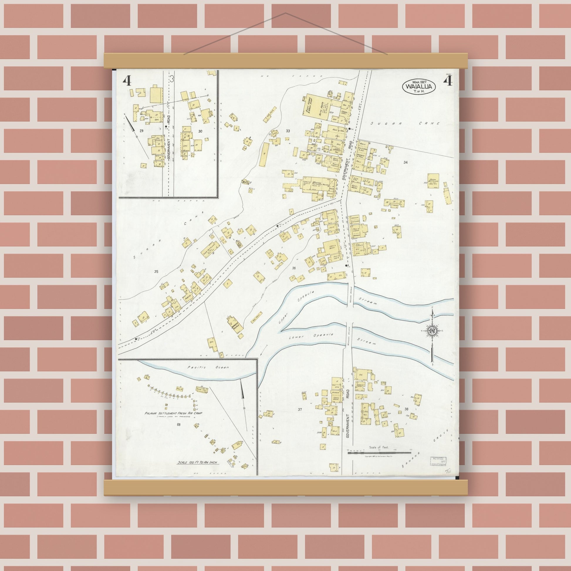 Old map wall art mockup — magnetic wood frame on brick wall — Sanborn Fire Insurance Map from Waialua, Honolulu County, Hawaii (1927), Sheet #0004
