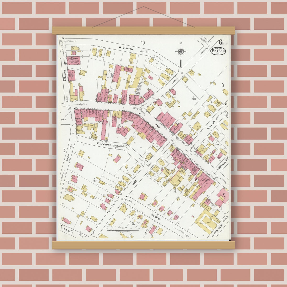 Old map wall art mockup — magnetic wood frame on brick wall — Sanborn Fire Insurance Map from Beacon, Dutchess County, New York (1919), Sheet #0006