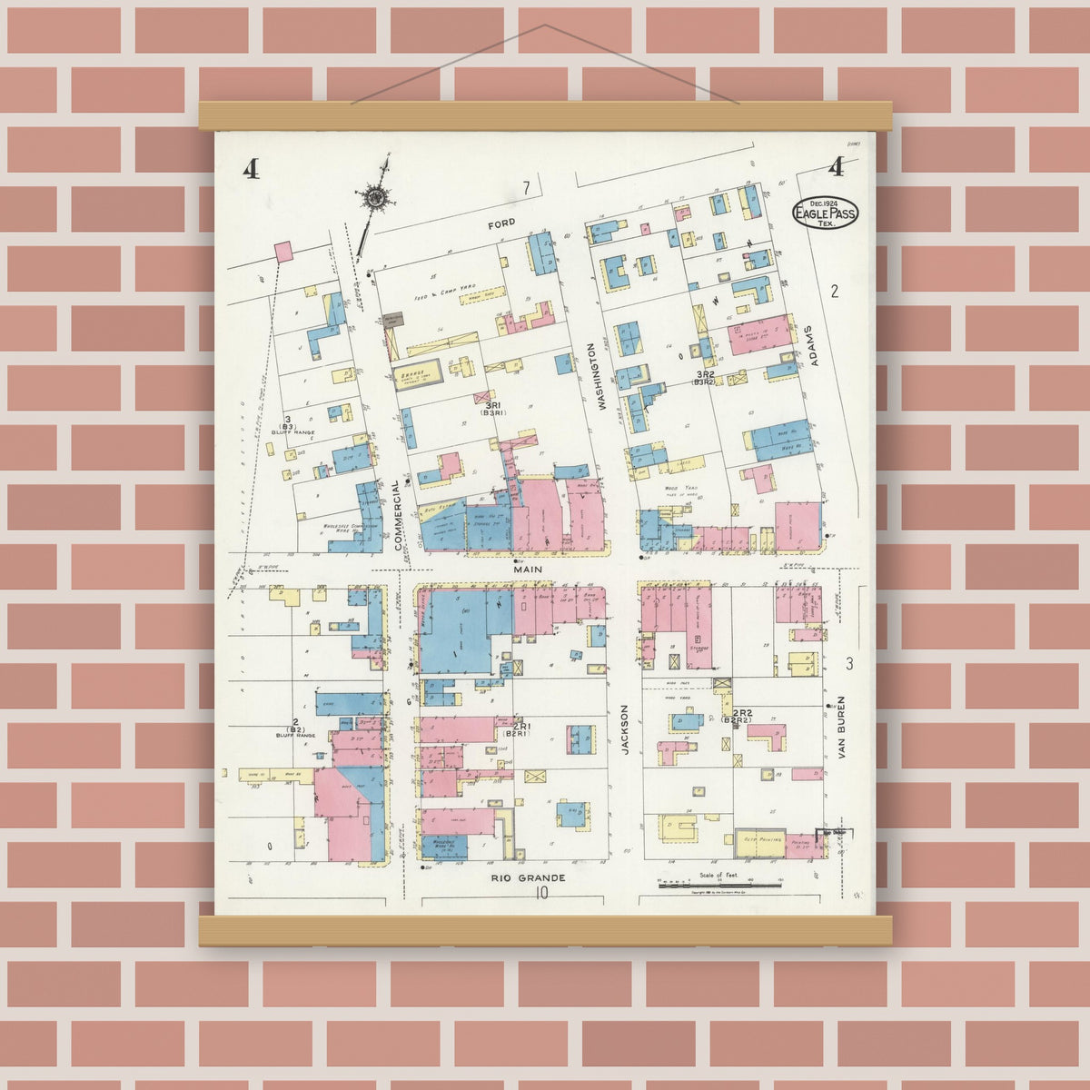 Old map wall art mockup — magnetic wood frame on brick wall — Sanborn Fire Insurance Map from Eagle Pass, Maverick County, Texas (1924), Sheet #0004
