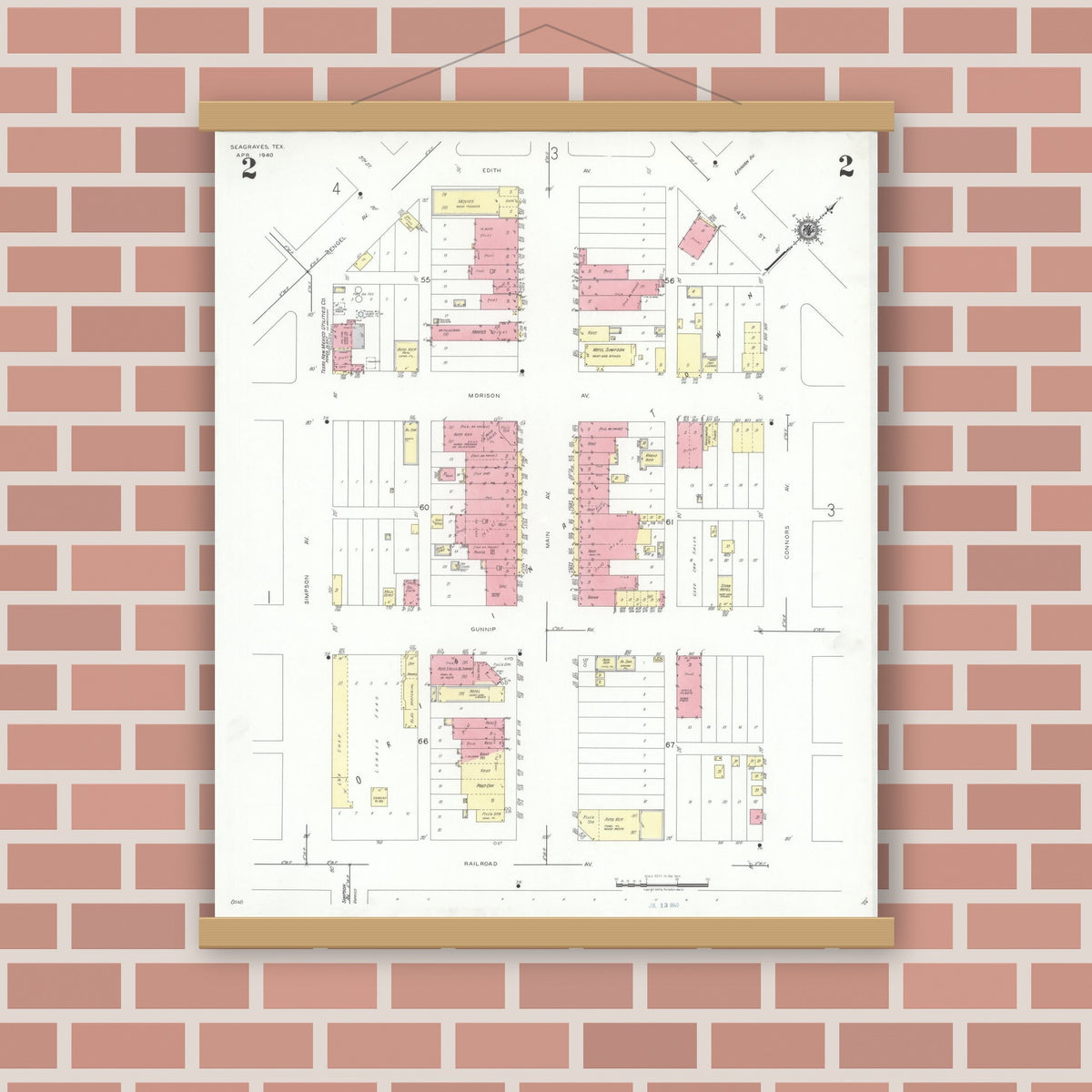 Old map wall art mockup — magnetic wood frame on brick wall — Sanborn Fire Insurance Map from Seagraves, Gaines County, Texas (1940), Sheet #0002