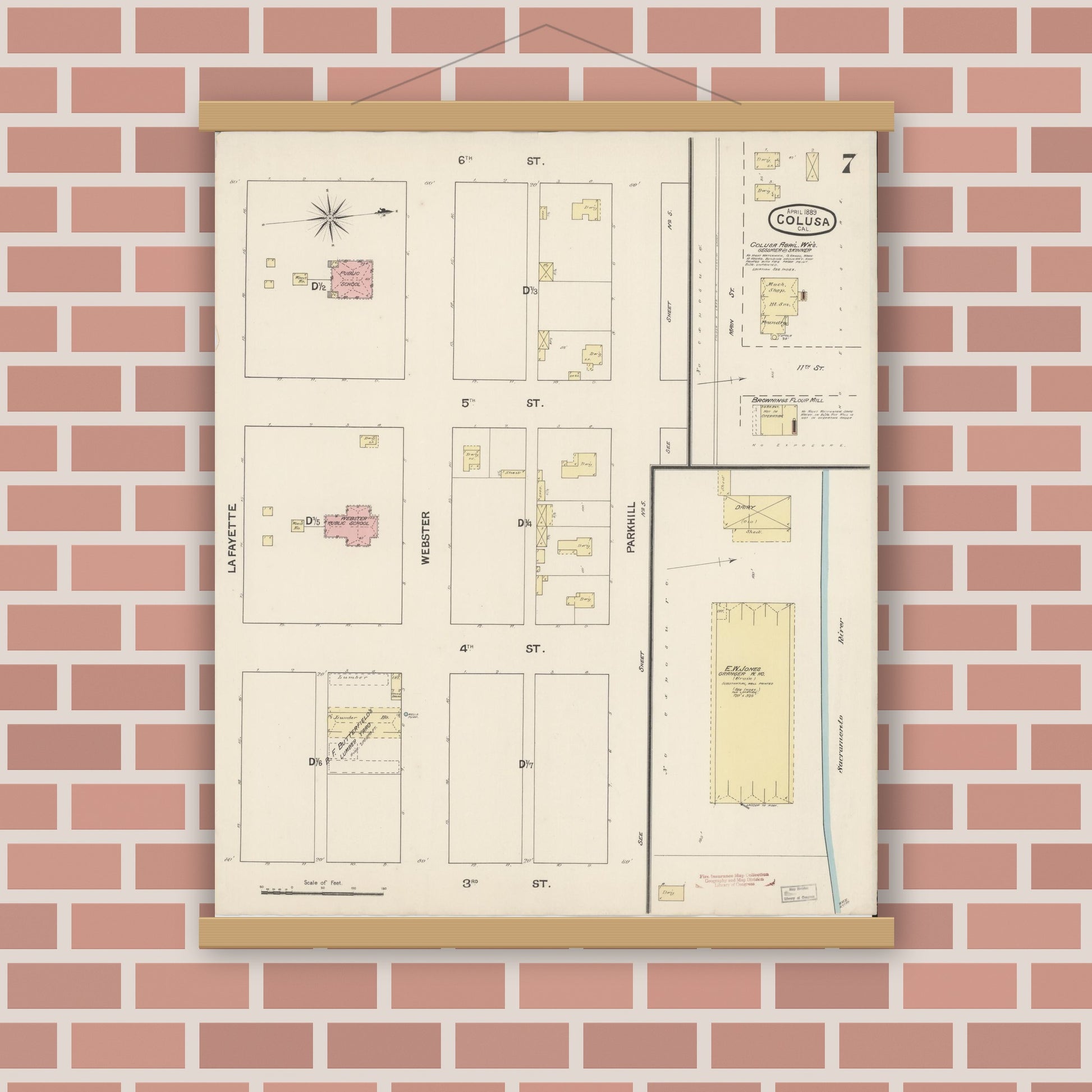 Old map wall art mockup — magnetic wood frame on brick wall — Sanborn Fire Insurance Map from Colusa, Colusa County, California (1889), Sheet #0007