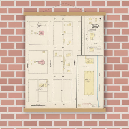 Old map wall art mockup — magnetic wood frame on brick wall — Sanborn Fire Insurance Map from Colusa, Colusa County, California (1889), Sheet #0007