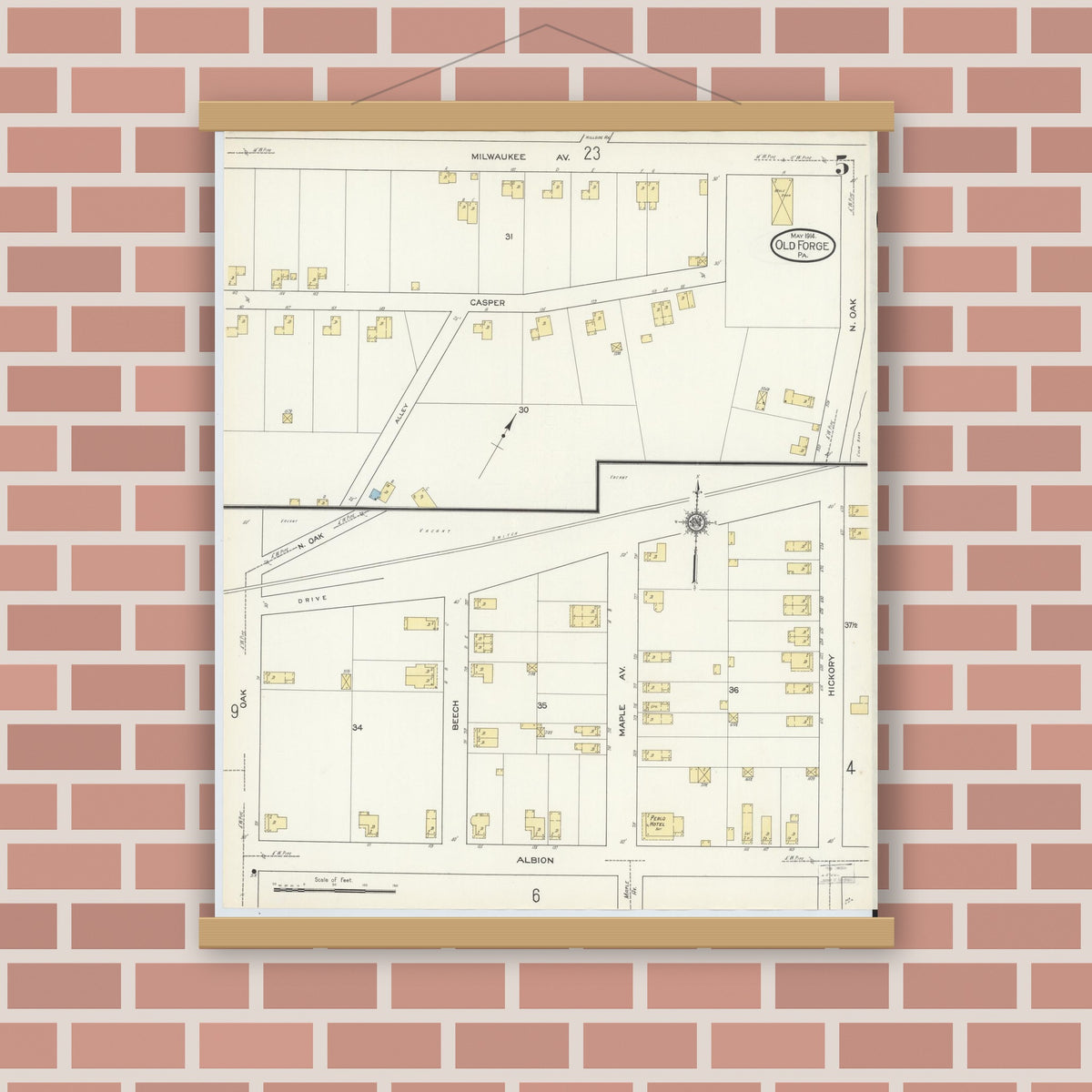 Old map wall art mockup — magnetic wood frame on brick wall — Sanborn Fire Insurance Map from Old Forge, Lackawanna County, Pennsylvania (1914), Sheet #0005
