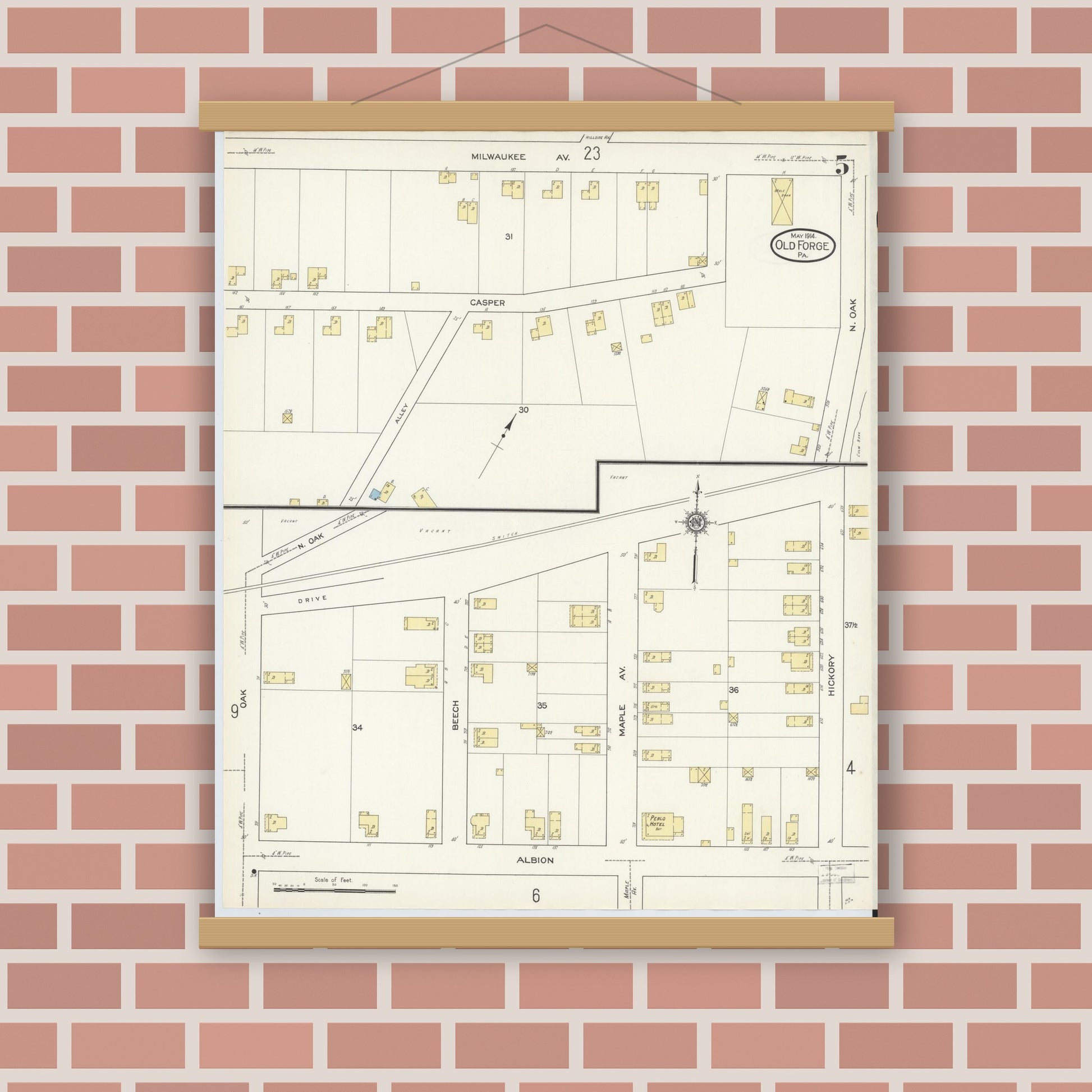 Old map wall art mockup — magnetic wood frame on brick wall — Sanborn Fire Insurance Map from Old Forge, Lackawanna County, Pennsylvania (1914), Sheet #0005