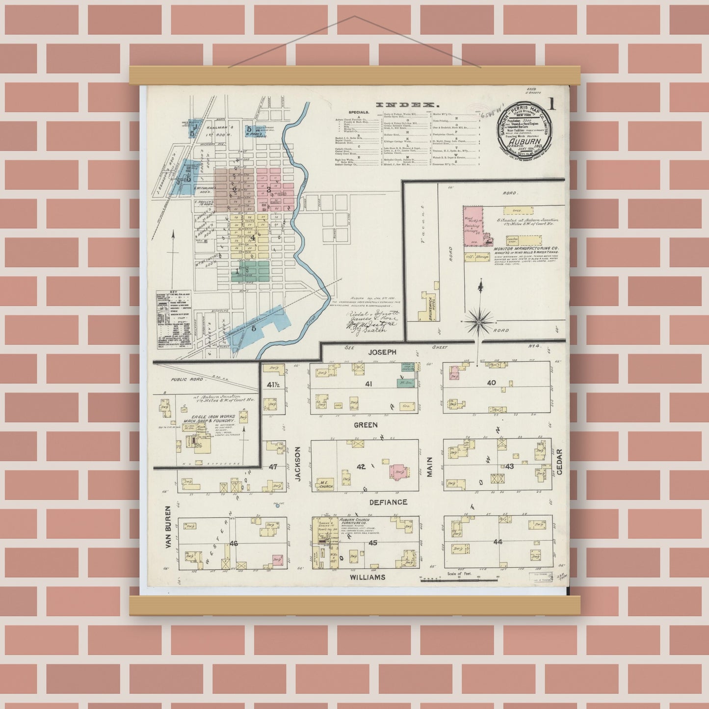 Old map wall art mockup — magnetic wood frame on brick wall — Sanborn Fire Insurance Map from Auburn, De Kalb County, Indiana (1891), Sheet #0001