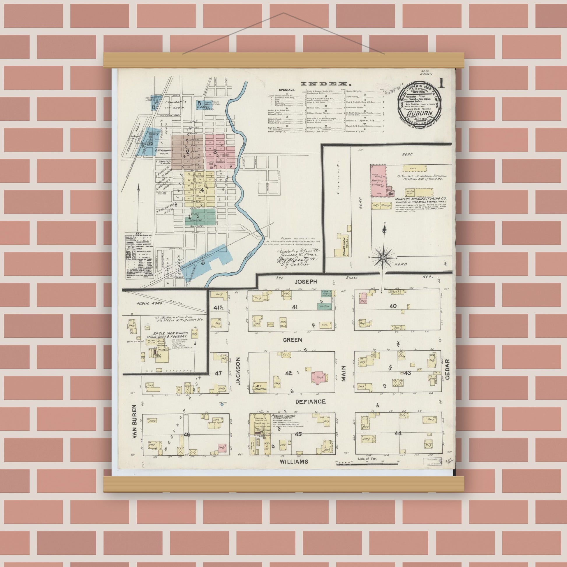 Old map wall art mockup — magnetic wood frame on brick wall — Sanborn Fire Insurance Map from Auburn, De Kalb County, Indiana (1891), Sheet #0001