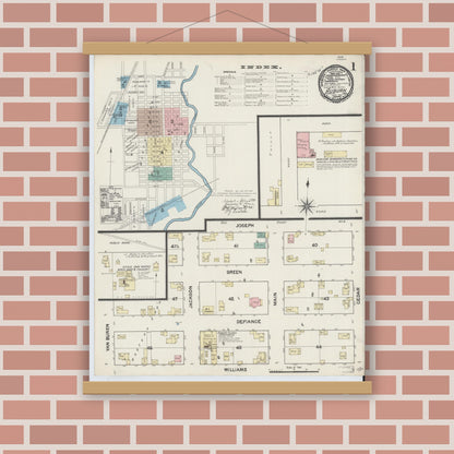 Old map wall art mockup — magnetic wood frame on brick wall — Sanborn Fire Insurance Map from Auburn, De Kalb County, Indiana (1891), Sheet #0001