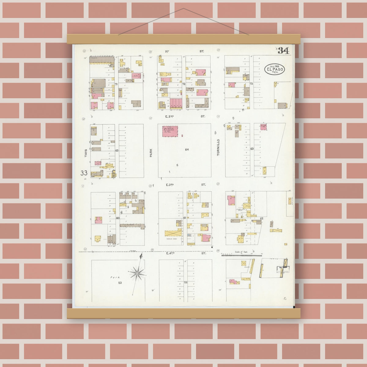 Old map wall art mockup — magnetic wood frame on brick wall — Sanborn Fire Insurance Map from El Paso, El Paso County, Texas (1905), Sheet #0034