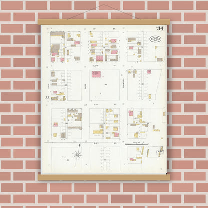 Old map wall art mockup — magnetic wood frame on brick wall — Sanborn Fire Insurance Map from El Paso, El Paso County, Texas (1905), Sheet #0034