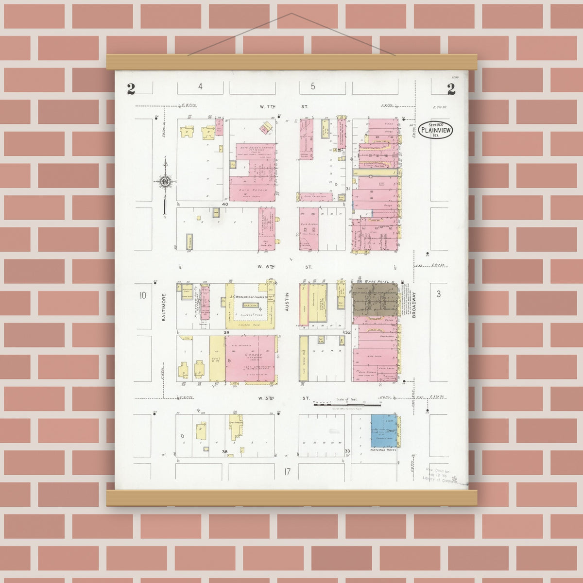 Old map wall art mockup — magnetic wood frame on brick wall — Sanborn Fire Insurance Map from Plainview, Hale County, Texas (1927), Sheet #0002