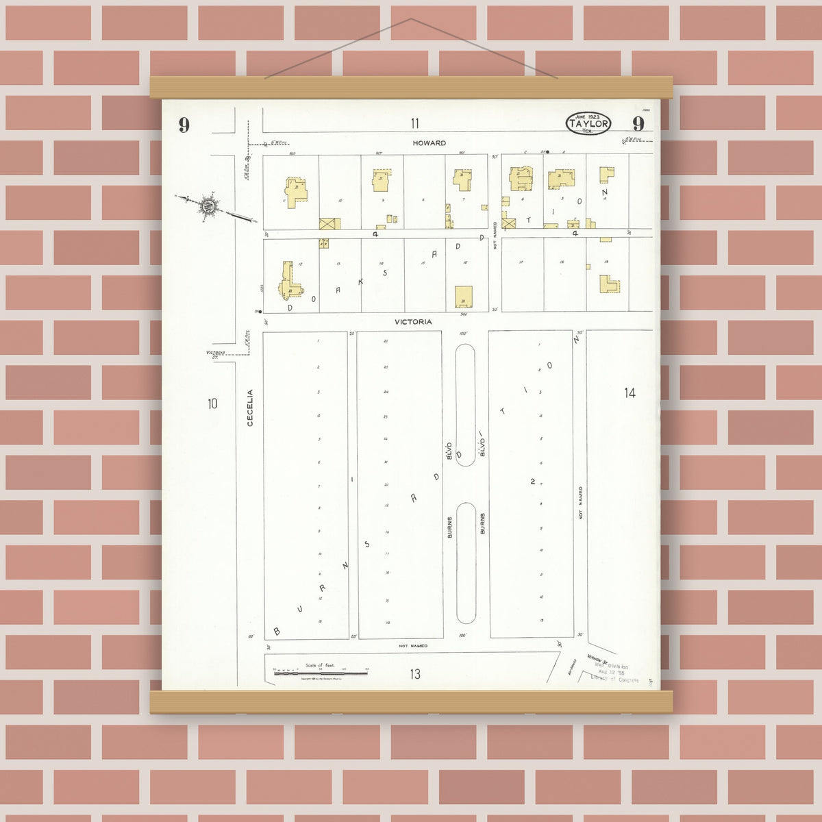 Old map wall art mockup — magnetic wood frame on brick wall — Sanborn Fire Insurance Map from Taylor, Williamson County, Texas (1923), Sheet #0009