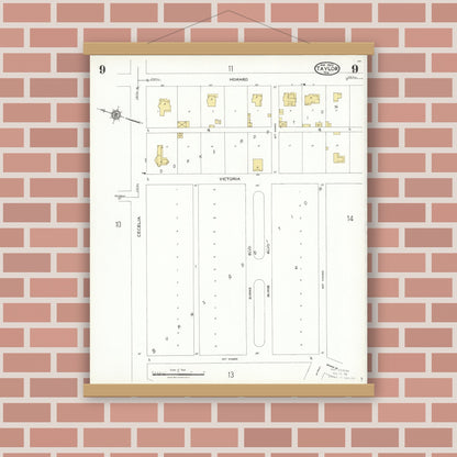 Old map wall art mockup — magnetic wood frame on brick wall — Sanborn Fire Insurance Map from Taylor, Williamson County, Texas (1923), Sheet #0009