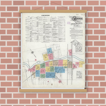 Old map wall art mockup — magnetic wood frame on brick wall — Sanborn Fire Insurance Map from Monroe, Monroe County, Michigan (1916) - Complete Map Set