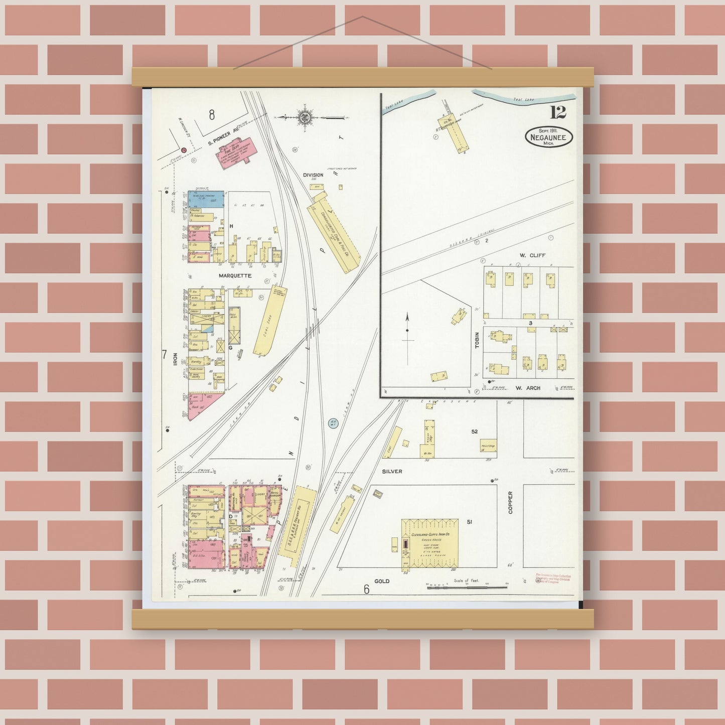 Old map wall art mockup — magnetic wood frame on brick wall — Sanborn Fire Insurance Map from Negaunee, Marquette County, Michigan (1911), Sheet #0012