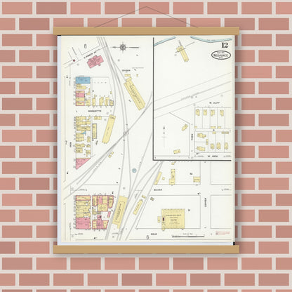 Old map wall art mockup — magnetic wood frame on brick wall — Sanborn Fire Insurance Map from Negaunee, Marquette County, Michigan (1911), Sheet #0012