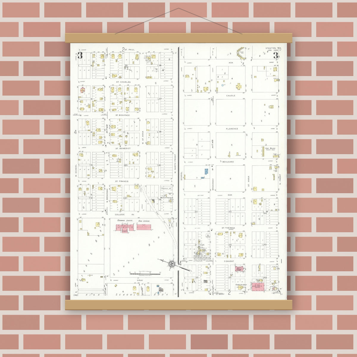 Old map wall art mockup — magnetic wood frame on brick wall — Sanborn Fire Insurance Map from Stanton, Martin County, Texas (1935), Sheet #0003