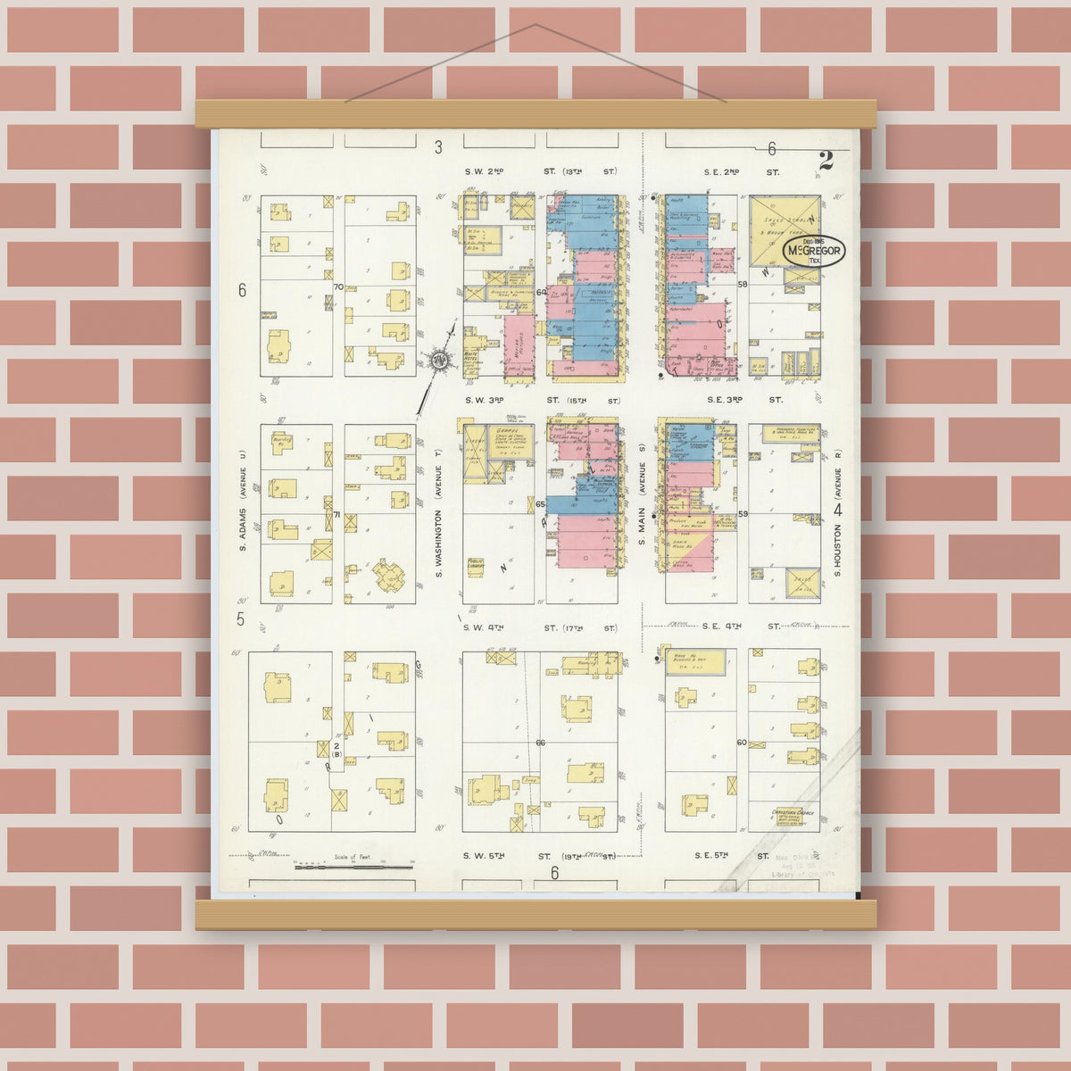 Old map wall art mockup — magnetic wood frame on brick wall — Sanborn Fire Insurance Map from McGregor, McLennan County, Texas (1915), Sheet #0002