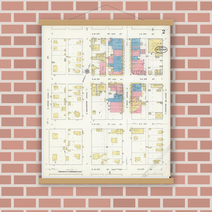 Old map wall art mockup — magnetic wood frame on brick wall — Sanborn Fire Insurance Map from McGregor, McLennan County, Texas (1915), Sheet #0002