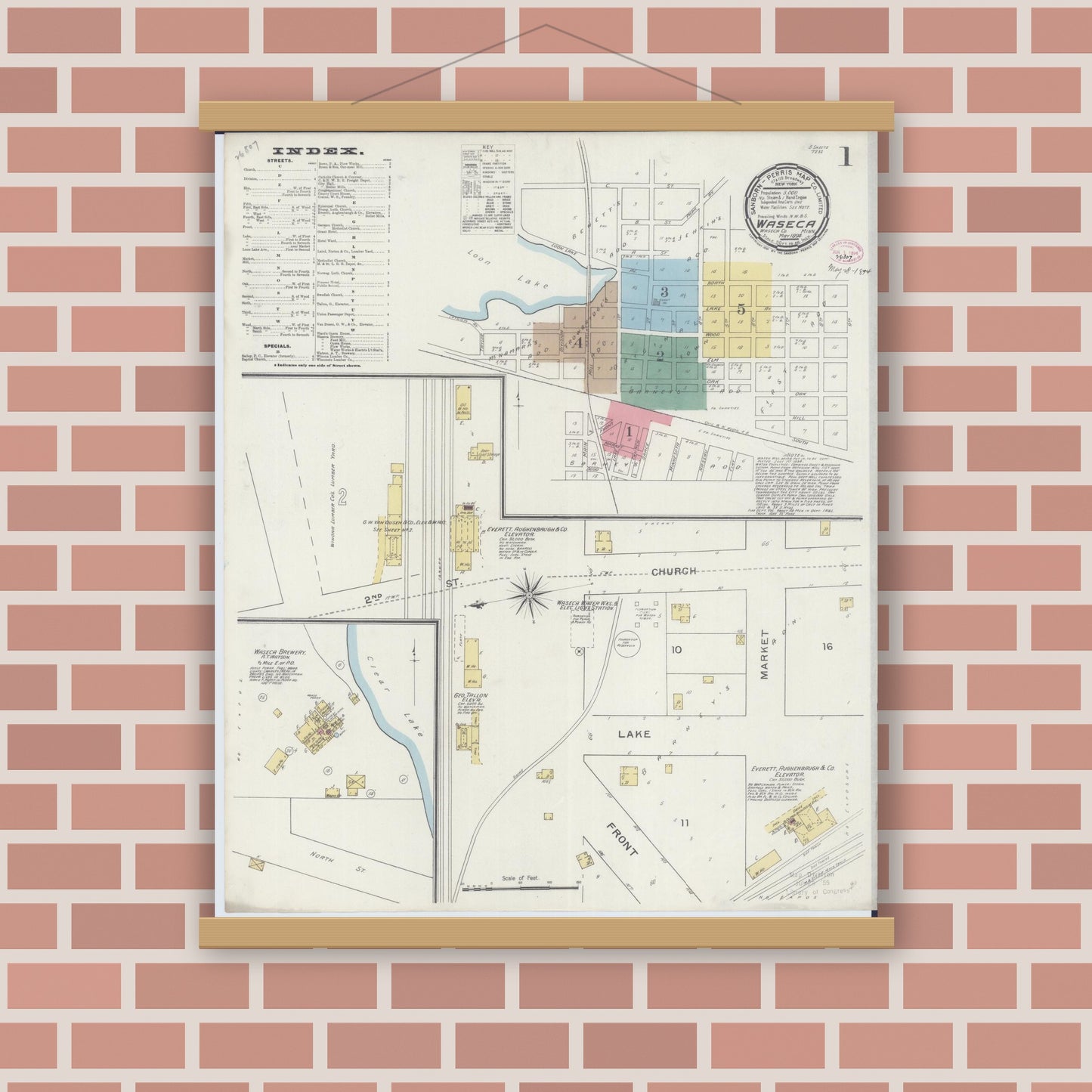 Old map wall art mockup — magnetic wood frame on brick wall — Sanborn Fire Insurance Map from Waseca, Waseca County, Minnesota (1894), Sheet #0001