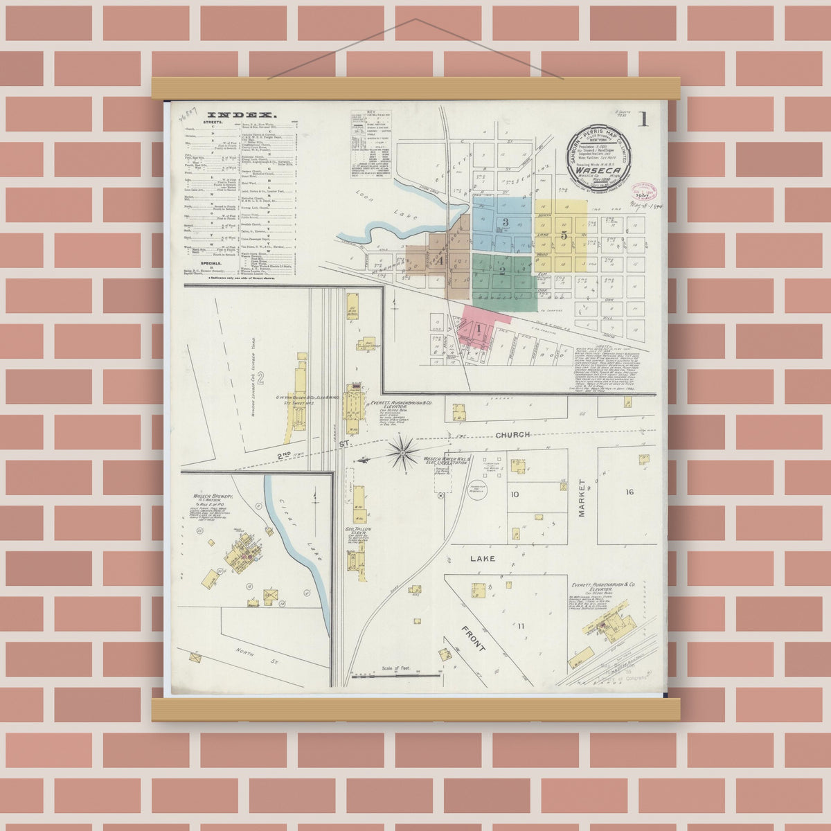 Old map wall art mockup — magnetic wood frame on brick wall — Sanborn Fire Insurance Map from Waseca, Waseca County, Minnesota (1894), Sheet #0001